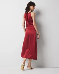 Petite Satin Halter Ruched Midi Dress