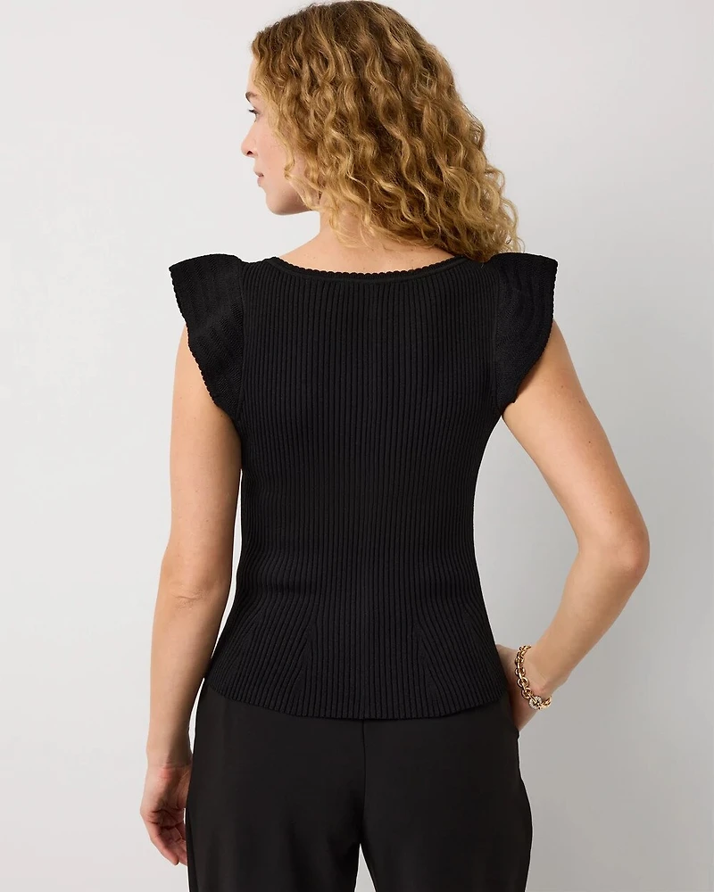 Flutter Sleeve Ribbed Pullover Sweater