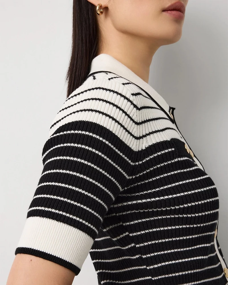 Collared Striped Cotton Cardigan
