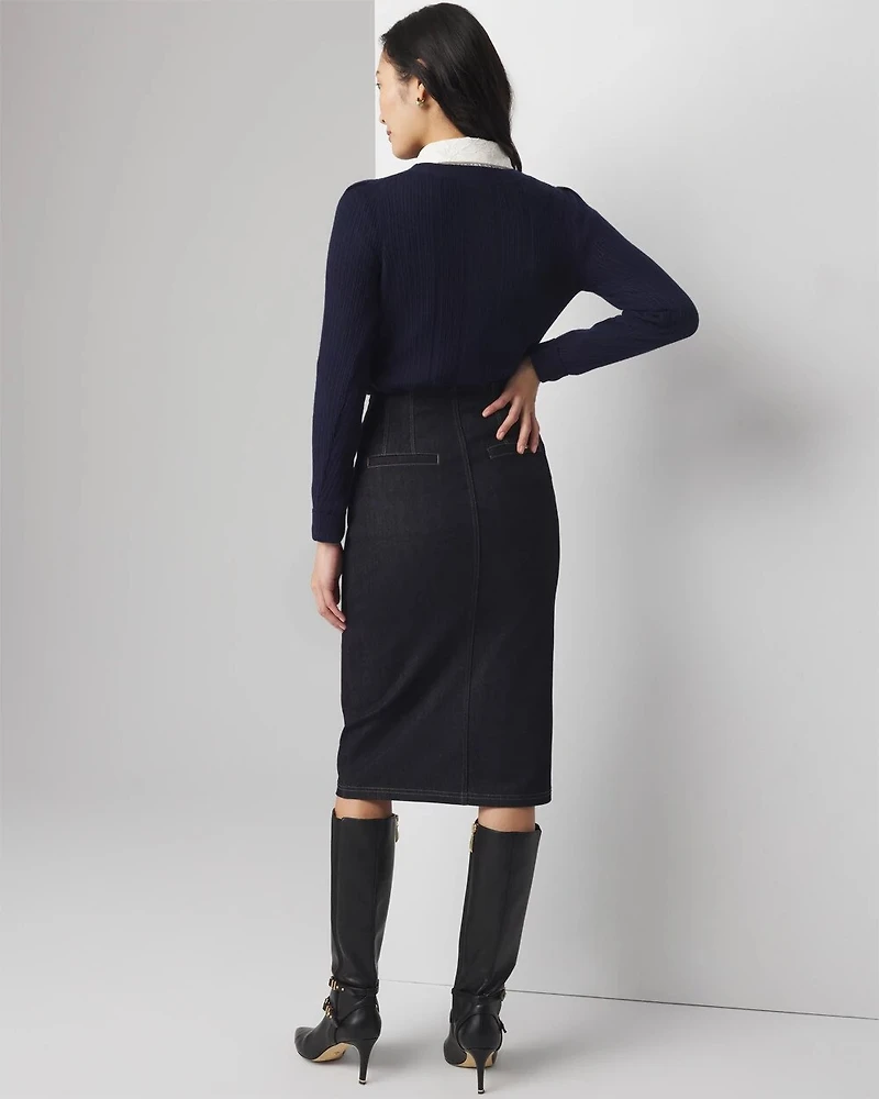 Button Front Denim Midi Skirt