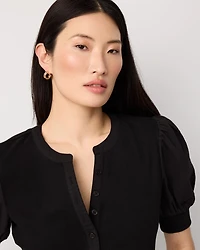 Poplin Puff Sleeve Henley Top