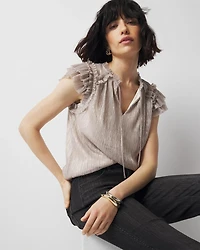 Petite Ruffle Tie-Neck Shimmer Top