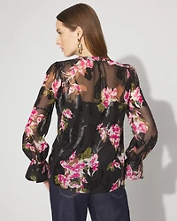 Petite Sheer Metallic Clip Ruffle Blouse