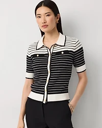 Collared Striped Cotton Cardigan