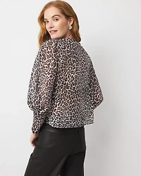 Leopard Jacquard Pleat Sleeve Blouse