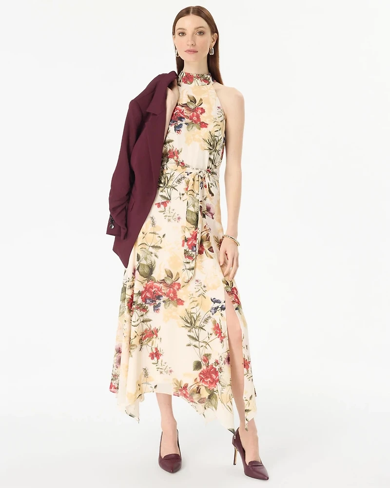 Handkerchief Hem Chiffon Halter Midi Dress