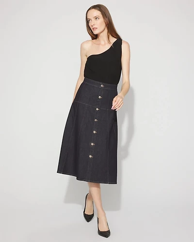 Drop Waist Denim A-Line Midi Skirt