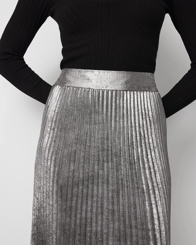 Pleated Chiffon Metallic Midi Skirt