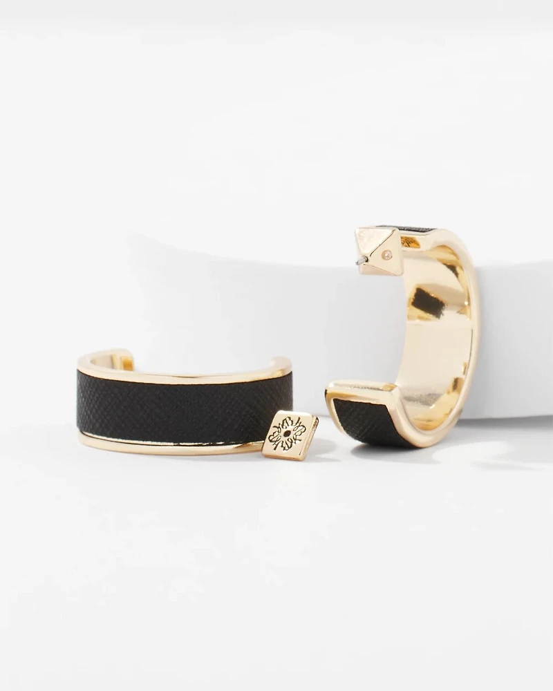 Black Textured Leather Small Hoop Earrings