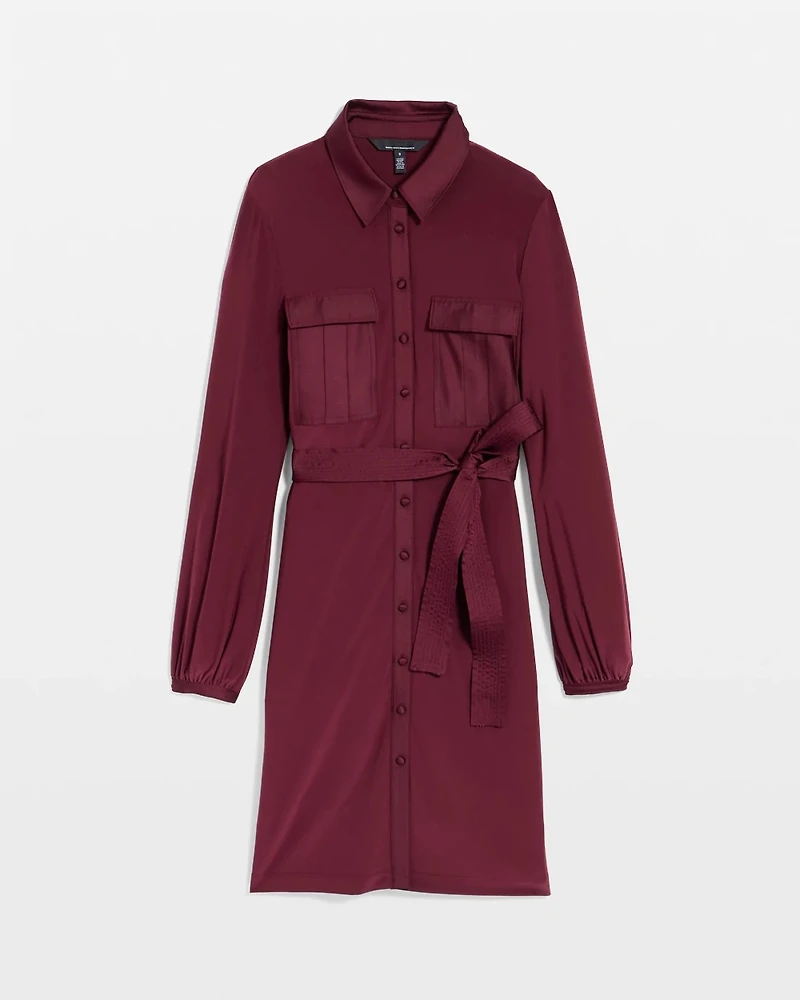 Long Sleeve Matte Jersey Shirtdress With Satin