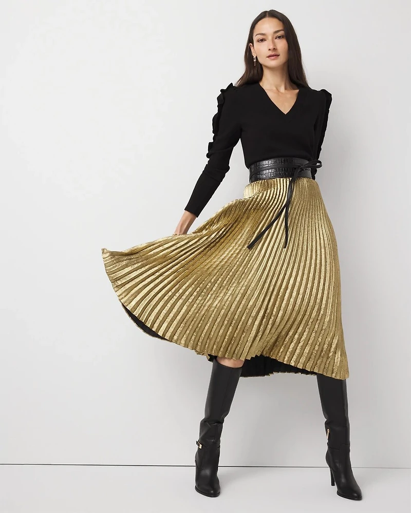 Pleated Chiffon Metallic Midi Skirt