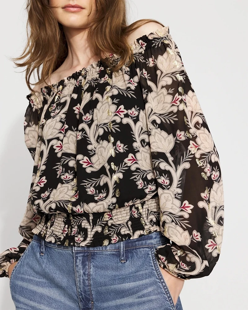 Off-the-Shoulder Floral Jacquard Blouse