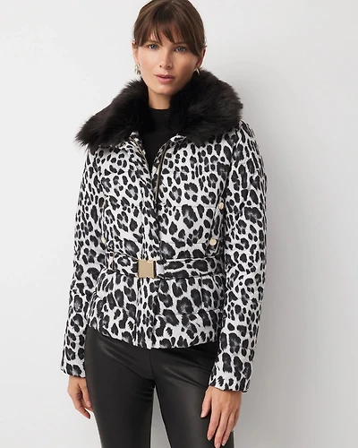 Faux Fur Collar Leopard Puffer Jacket