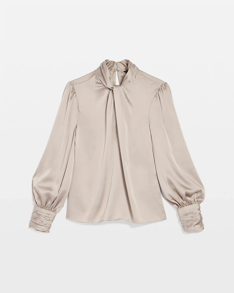 Long Sleeve Twisted Neck Satin Blouse