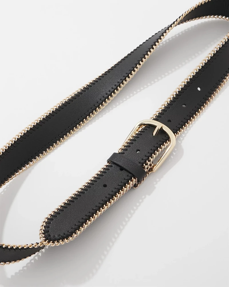 Faux Leather Belt with Chain Trim