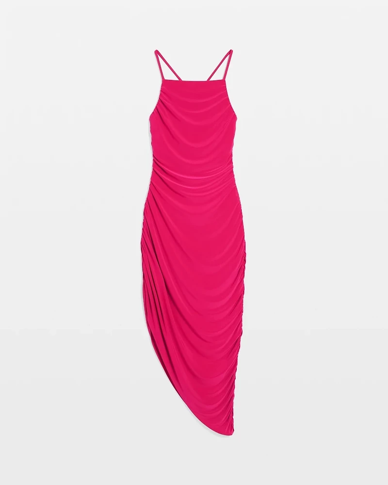 Jersey-Knit Ruched Midi Dress with Asymmetric Hem