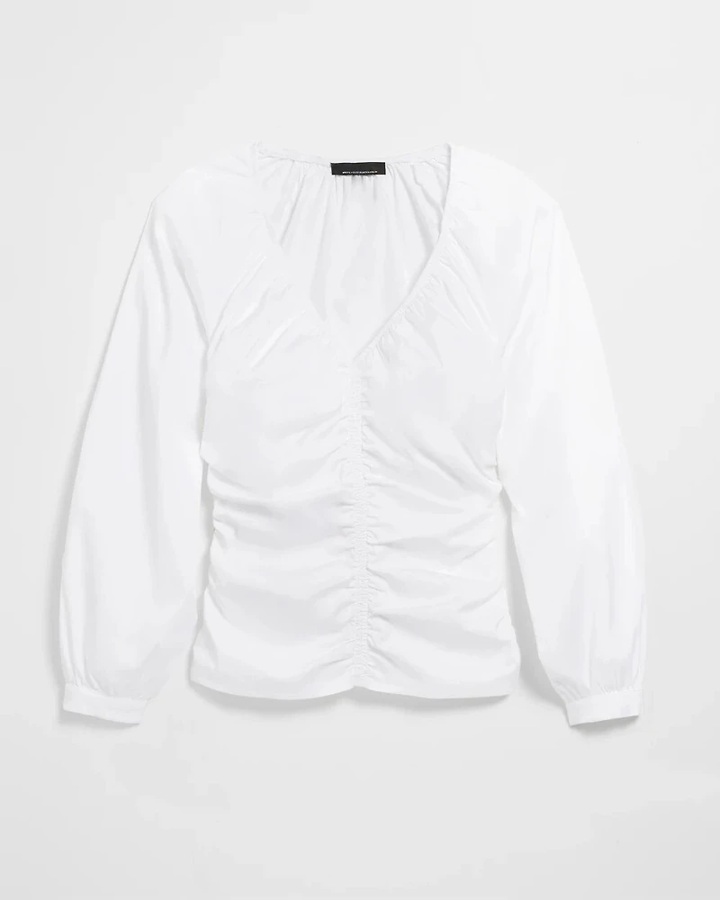 Long Sleeve Ruched V-Neck Poplin Top
