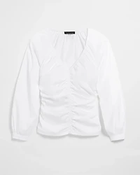 Long Sleeve Ruched V-Neck Poplin Top