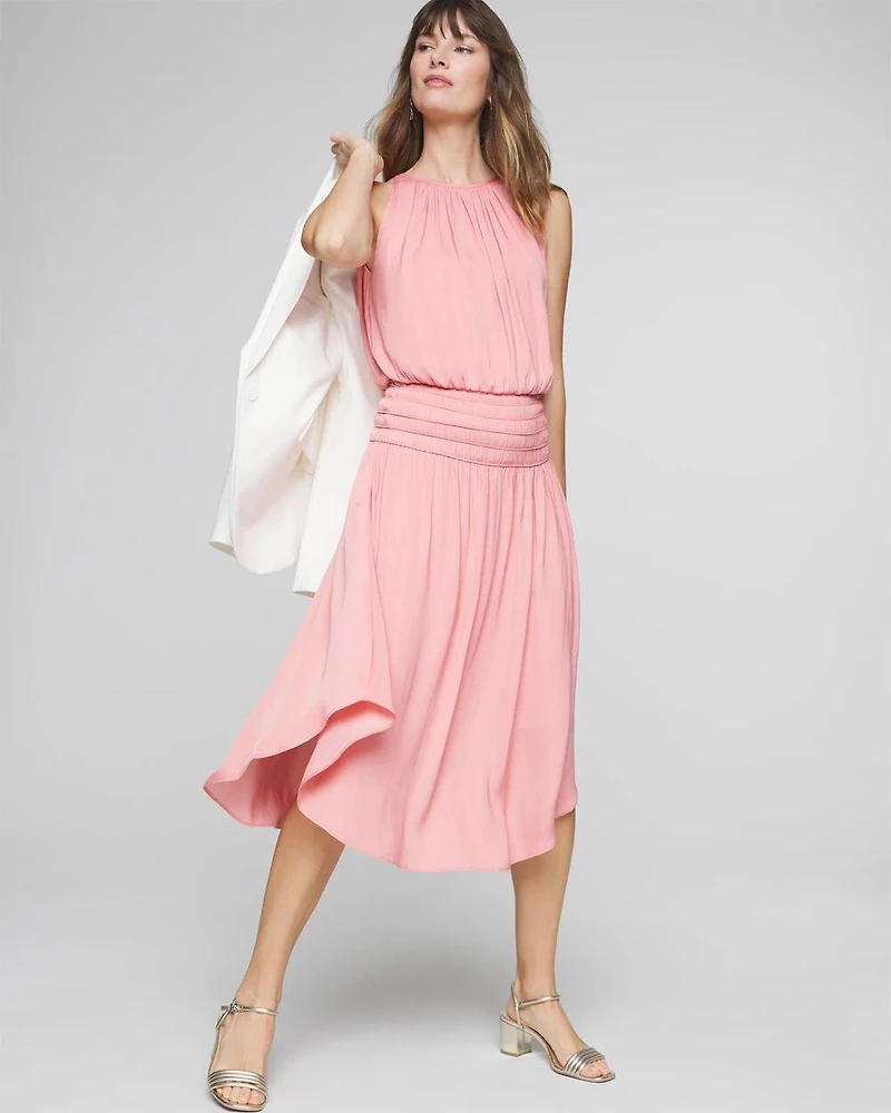 High-Neck Smocked Midi Dress