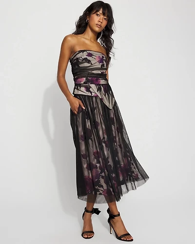 Tulle Overlay Floral Midi Skirt