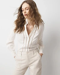 Metallic Clip Ruffle Neck Blouse