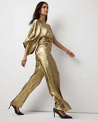 One-Shoulder Metallic Chiffon Jumpsuit