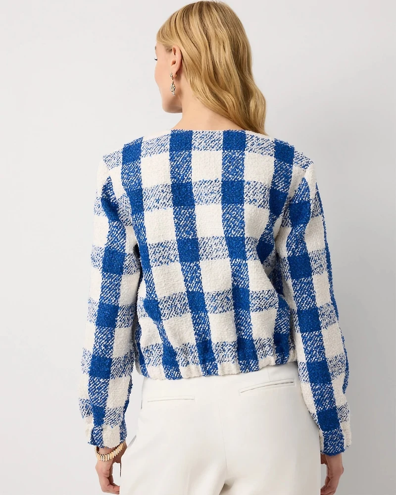 Petite Bouclé Plaid Bomber Jacket
