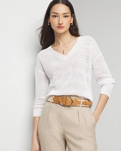 Pointelle Palms V-Neck Sweater