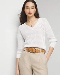 Pointelle Palms V-Neck Sweater