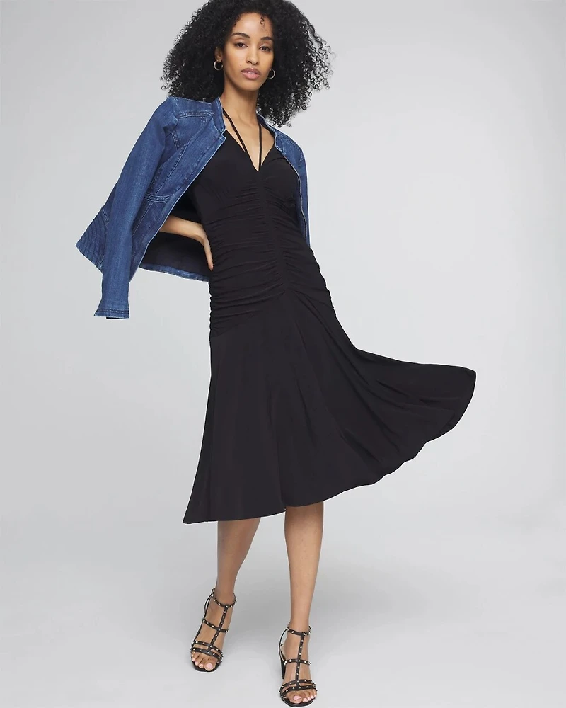 Ruched Tie-Shoulder Midi Dress