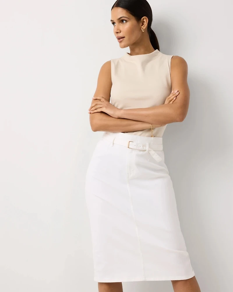 Belted Denim Pencil Skirt