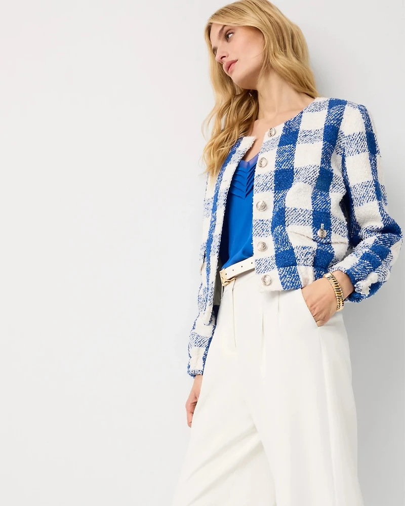 Petite Bouclé Plaid Bomber Jacket