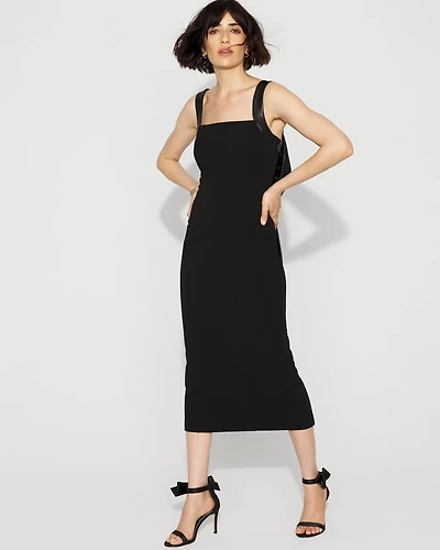 Crepe + Faux Leather Bow Midi Dress