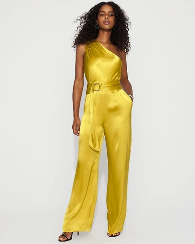 One-Shoulder Satin Belted Jumpsuit