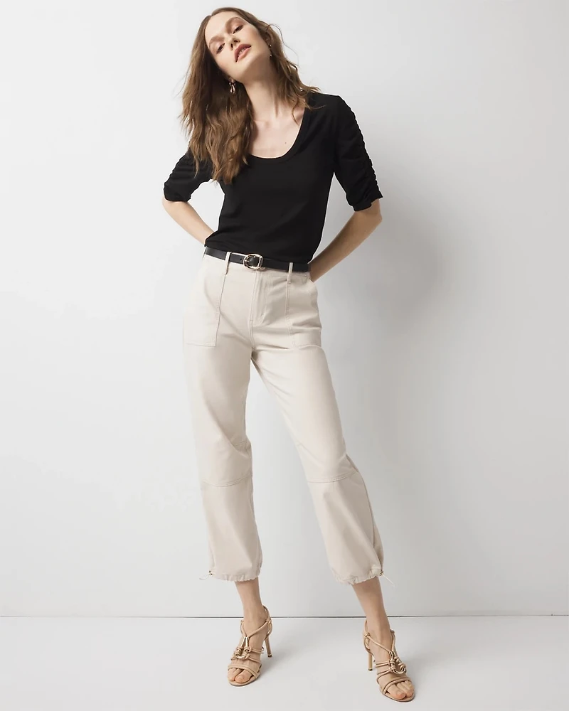 Ruched-Sleeve Scoop Neck Top