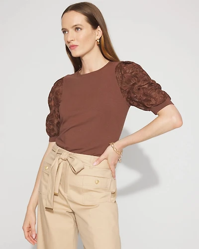 Lace Puff Sleeve Crewneck Tee