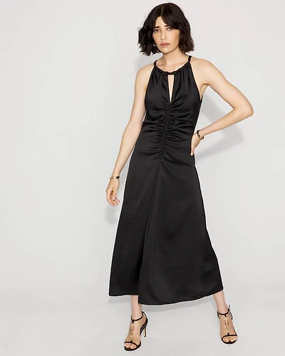 Petite Satin Halter Ruched Midi Dress