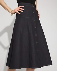 Drop Waist Denim A-Line Midi Skirt