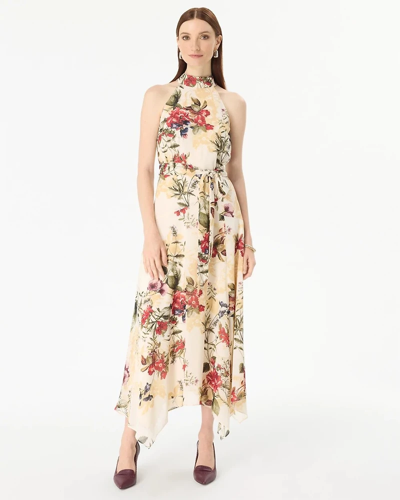 Handkerchief Hem Chiffon Halter Midi Dress
