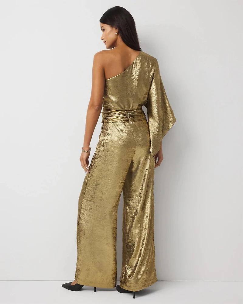 One-Shoulder Metallic Chiffon Jumpsuit