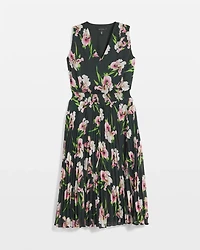 Sleeveless V-Neck Smocked Pleated Midi Dress