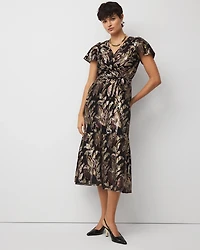 Metallic Floral Surplice Midi Dress