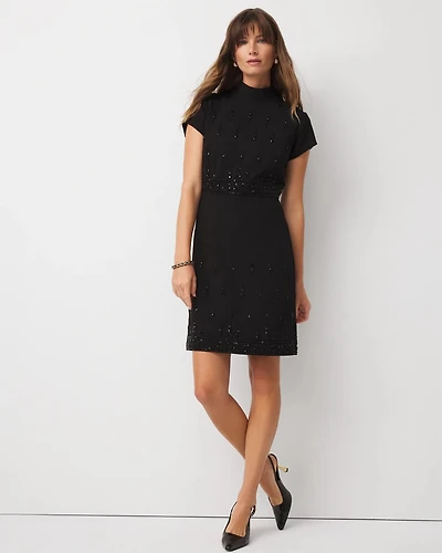 Mockneck Embellished Crepe Dress