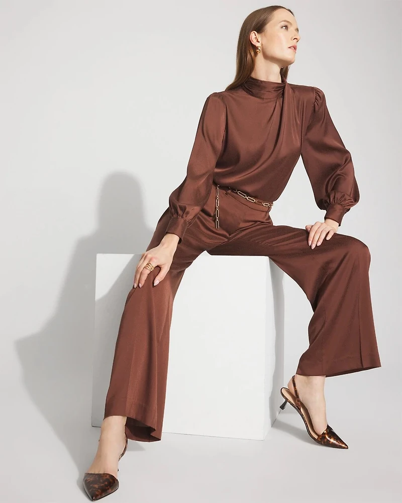 Petite Mock Neck Satin Jacquard Blouse