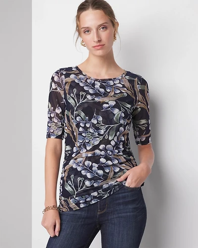 Elbow Sleeve Printed Mesh Ruched Tee