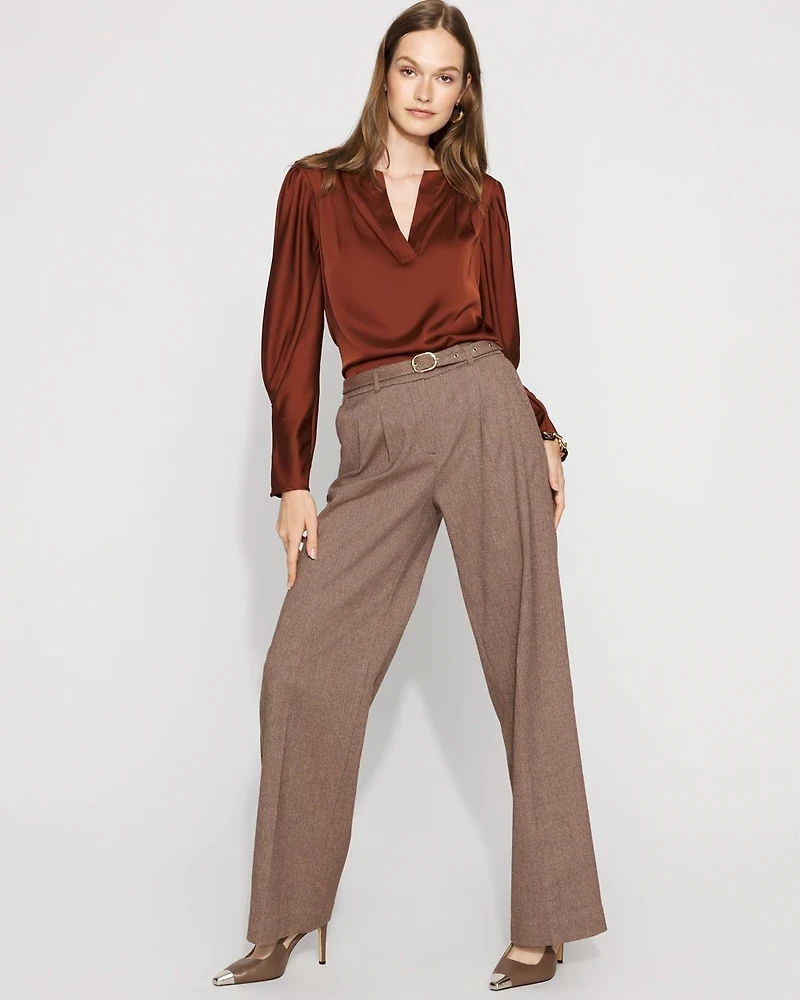 Petite High-Rise Belted Tweed Wide-Leg Pant
