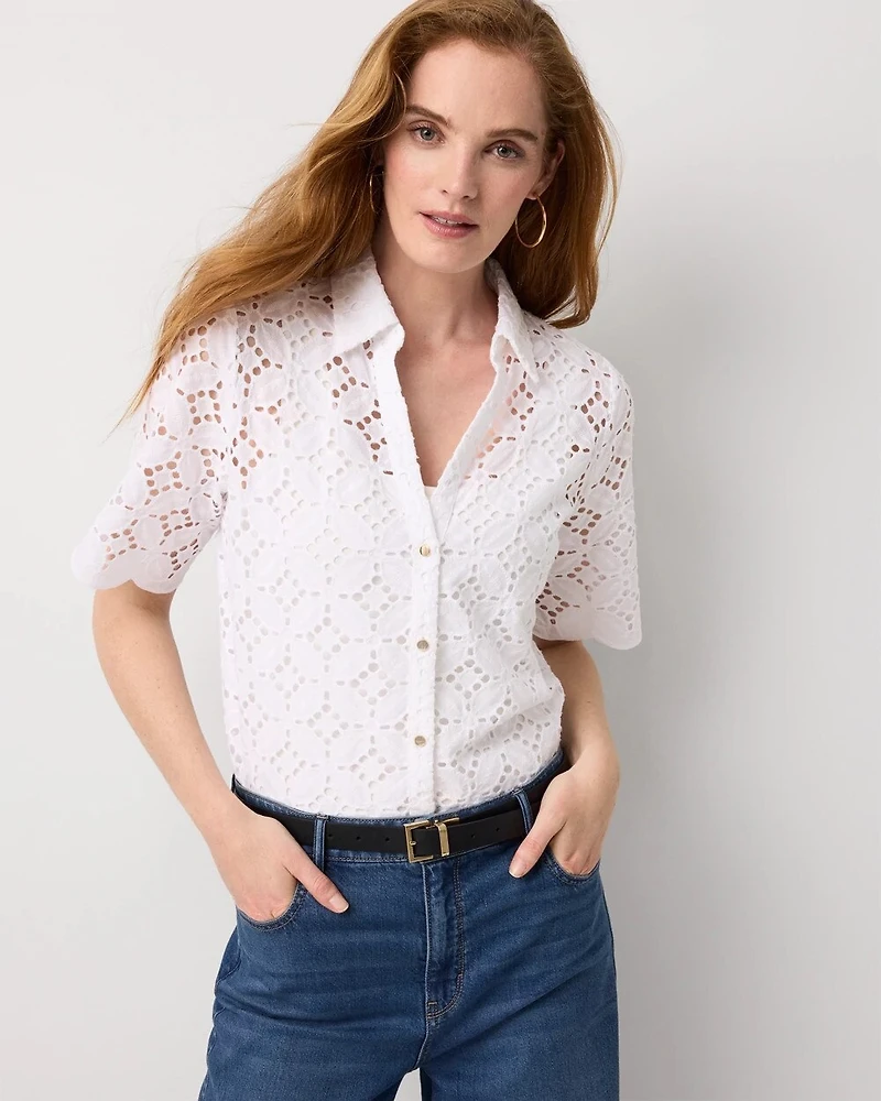 Elbow Sleeve Lace Cotton Shirt