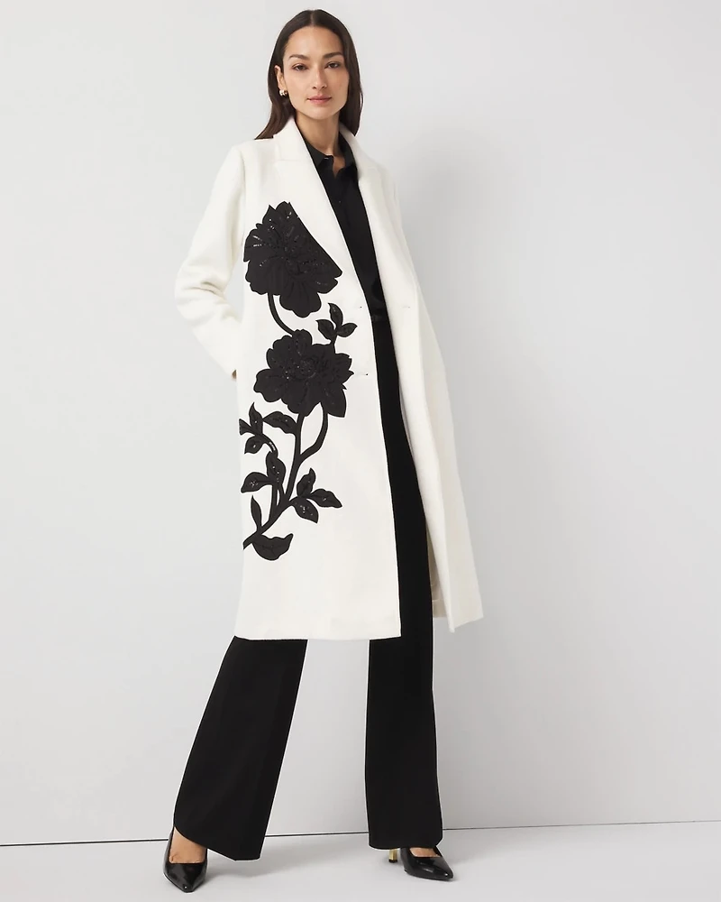 Floral Embellished Wool-Blend Melton Coat