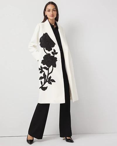 Floral Embellished Wool-Blend Melton Coat