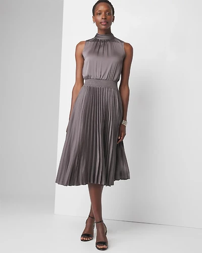 Tie-Neck Pleated Midi Dress